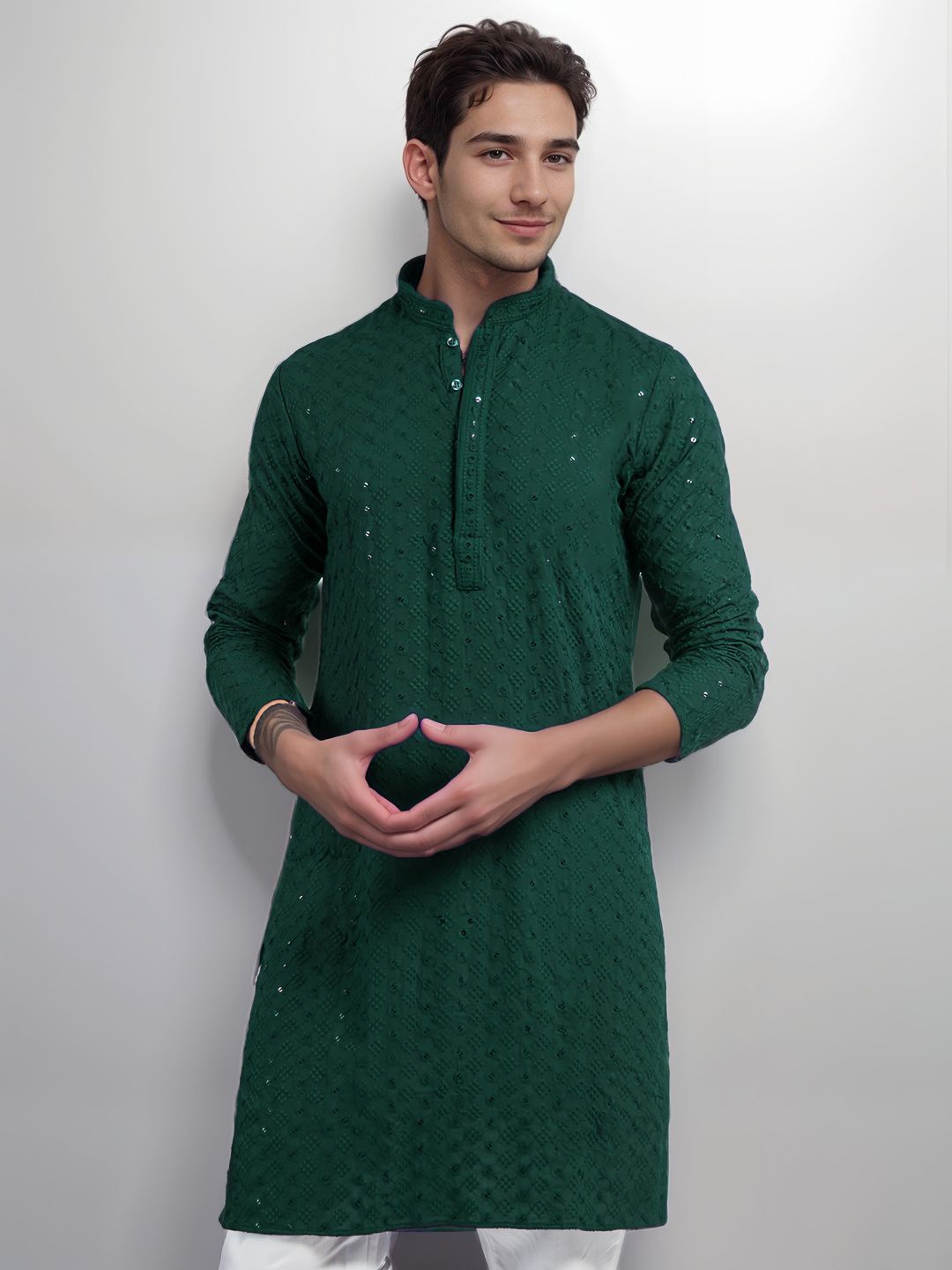 

DEVOILER Ethnic Motifs Embroidered Sequinned Mandarin Collar Straight Kurta, Green