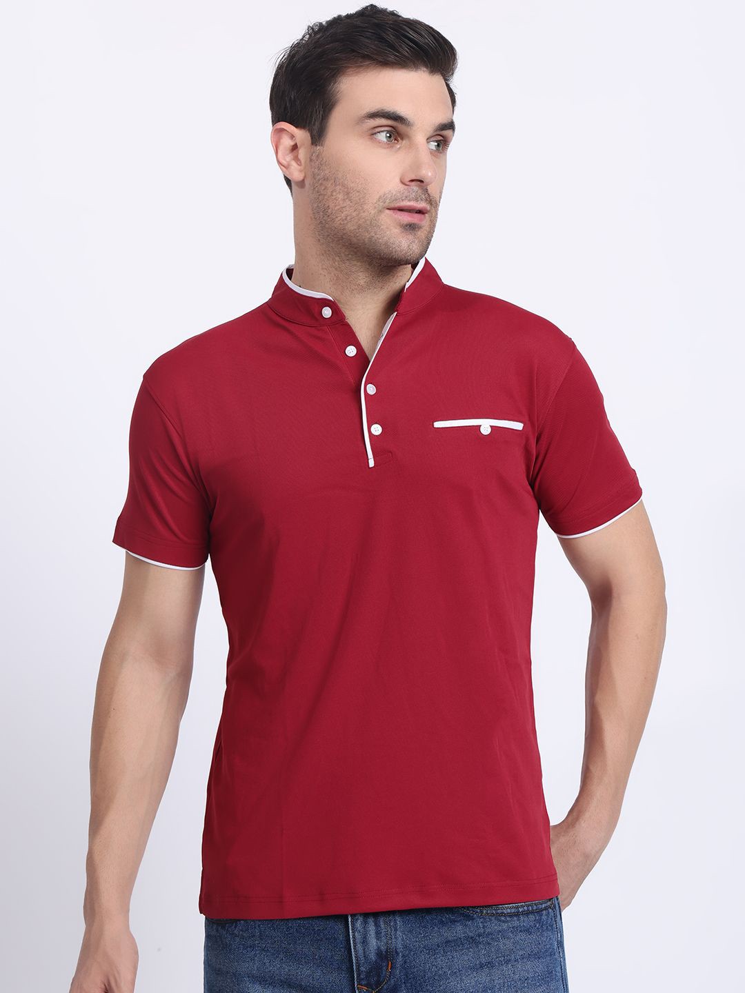 

N AND J Men Solid Mandarin Collar Polo T-shirt, Maroon