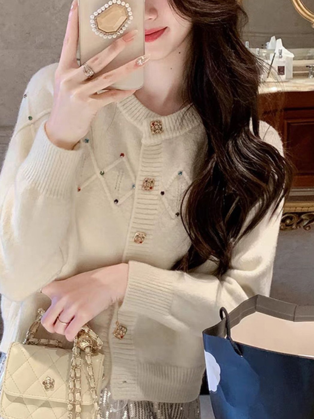 

StyleCast Women Self Design Round Neck Long Sleeves Cardigan Sweaters, Cream
