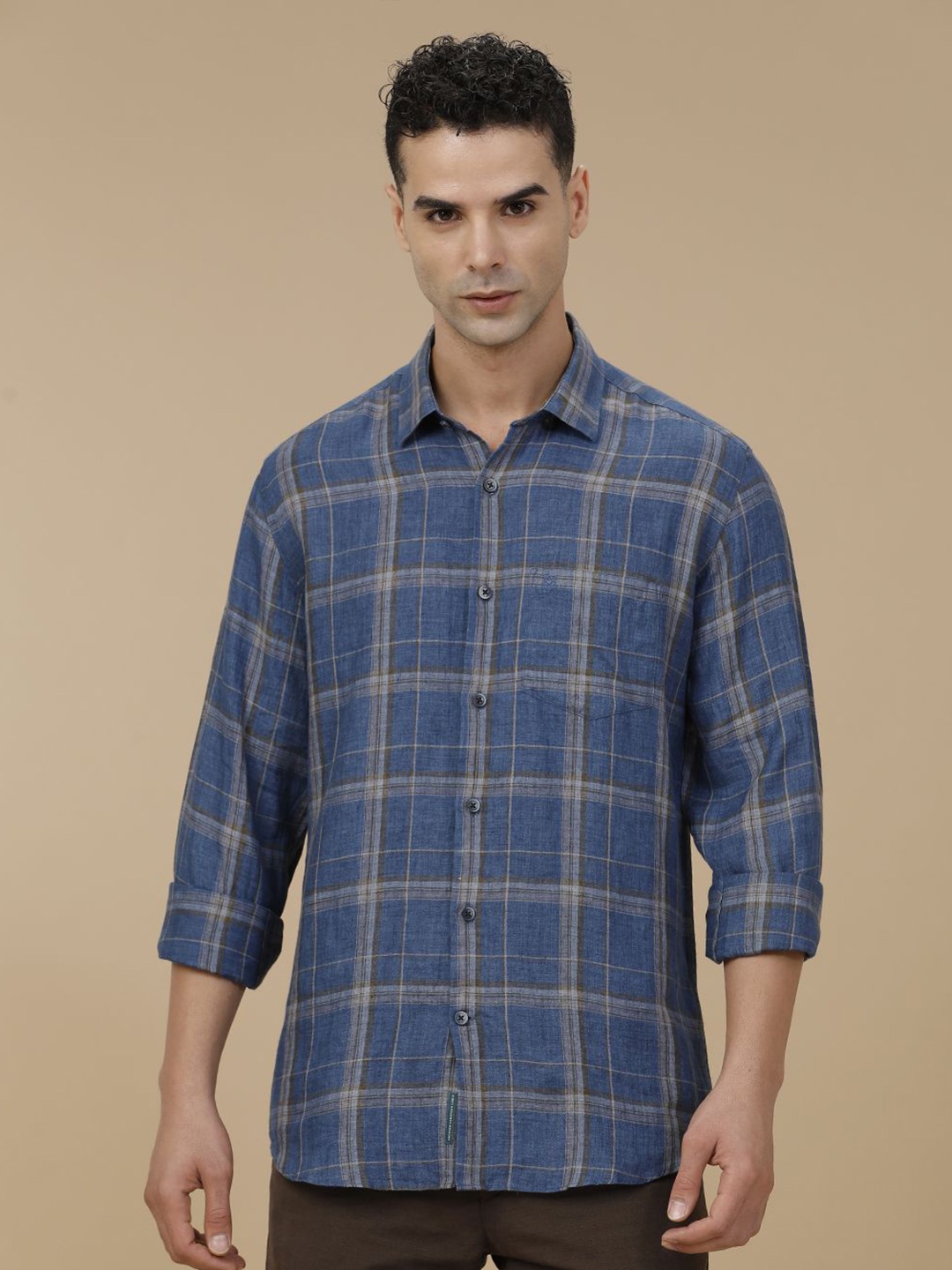 

Linen Club Contemporary Slim Fit Checked Pure Linen Casual Shirt, Blue