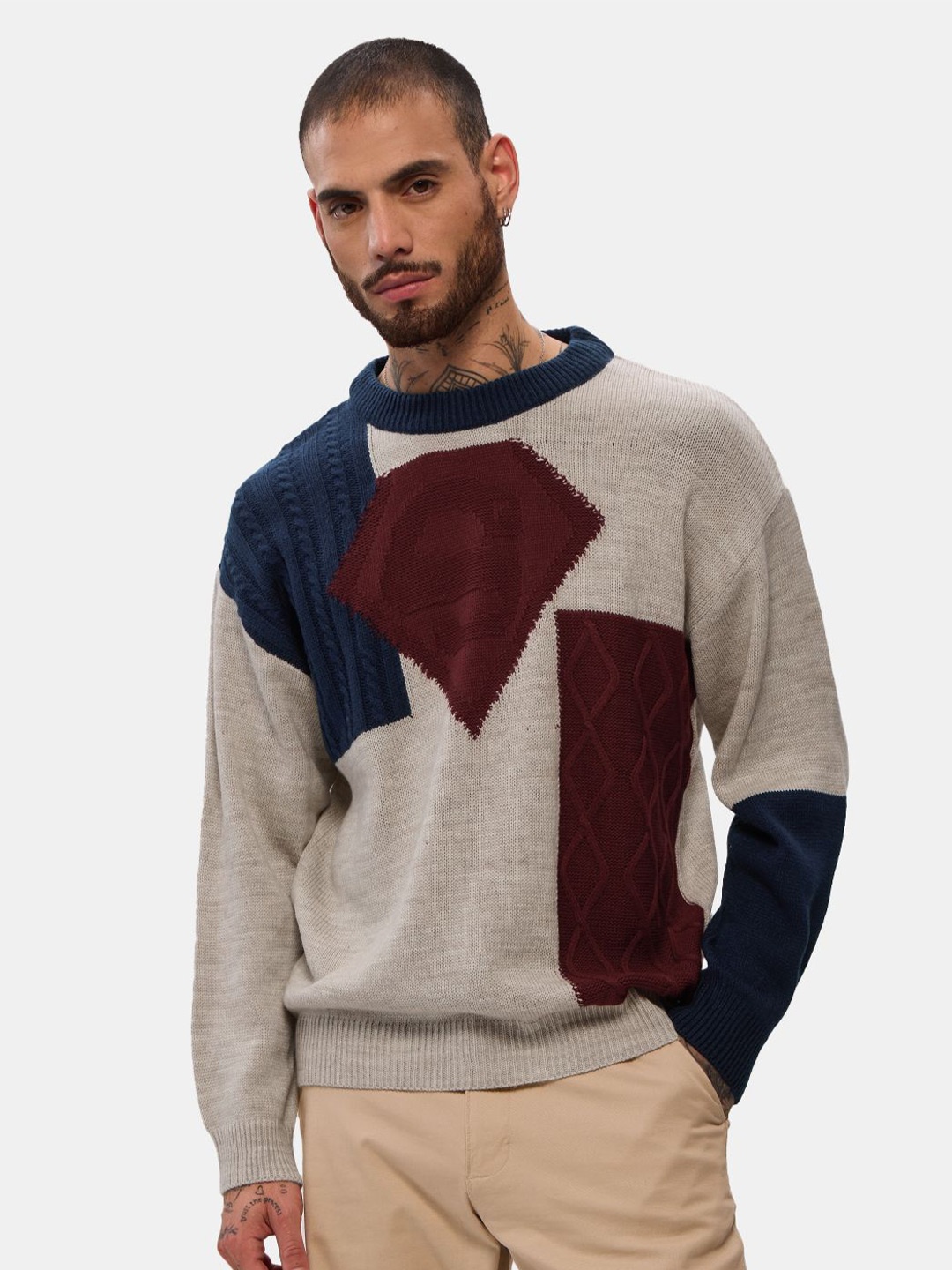 

The Souled Store Men Colourblocked Knitted Pullover Sweatshirt, Beige