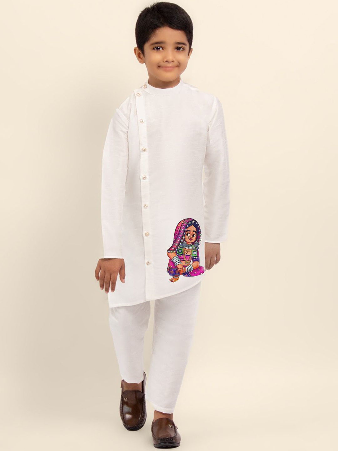 

DEVOILER Boys Ethnic Motifs Empire Dupion Silk Kurta with Pyjamas, White