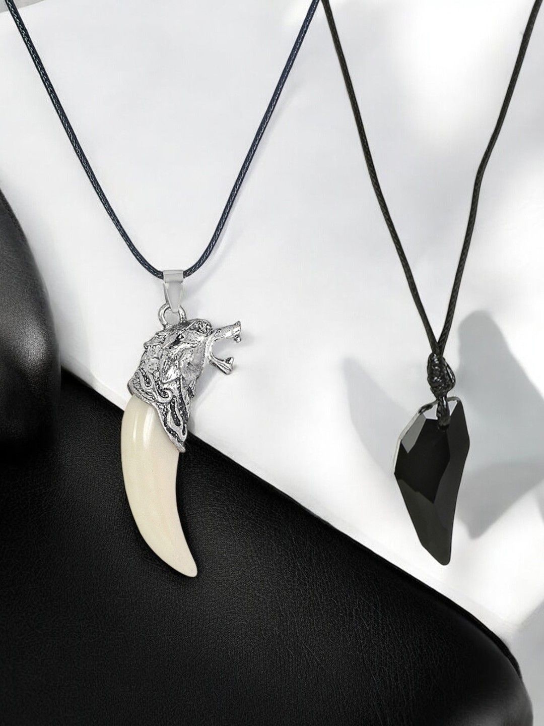 

OOMPH Set Of 2 Animal Tooth Design Pendant With Chain, Silver