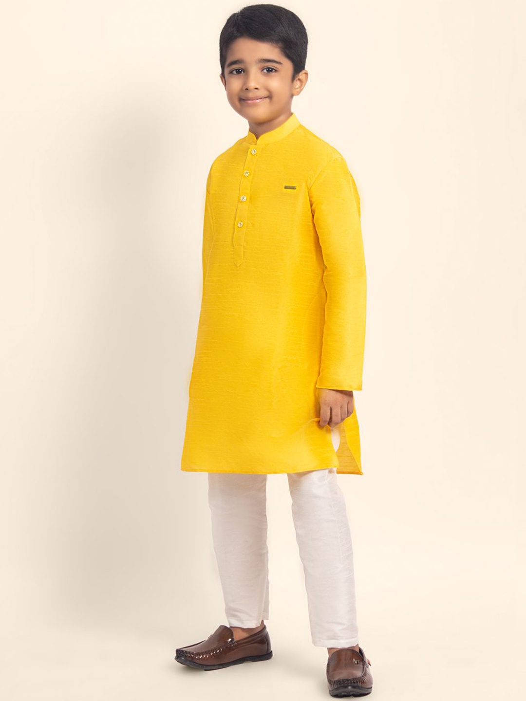 

DEVOILER Boys Mandarin Collar Straight Kurta With Pyjamas, Yellow