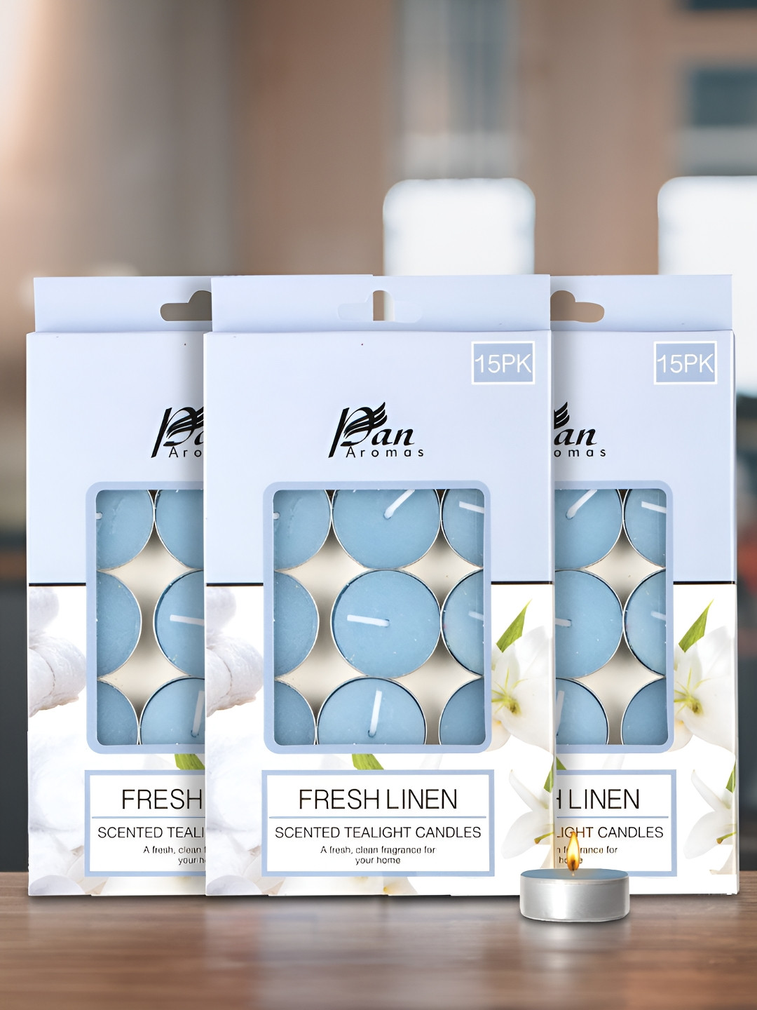

Pan Aromas Blue & Silver-Toned 3 Pieces Fresh Linen Scented Tea Light Candles