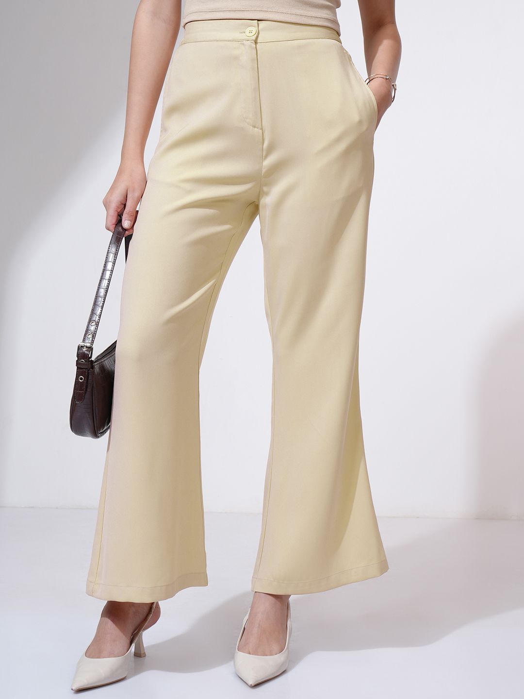 

CHIC BY TOKYO TALKIES Women Flared Pleated Trousers, Beige