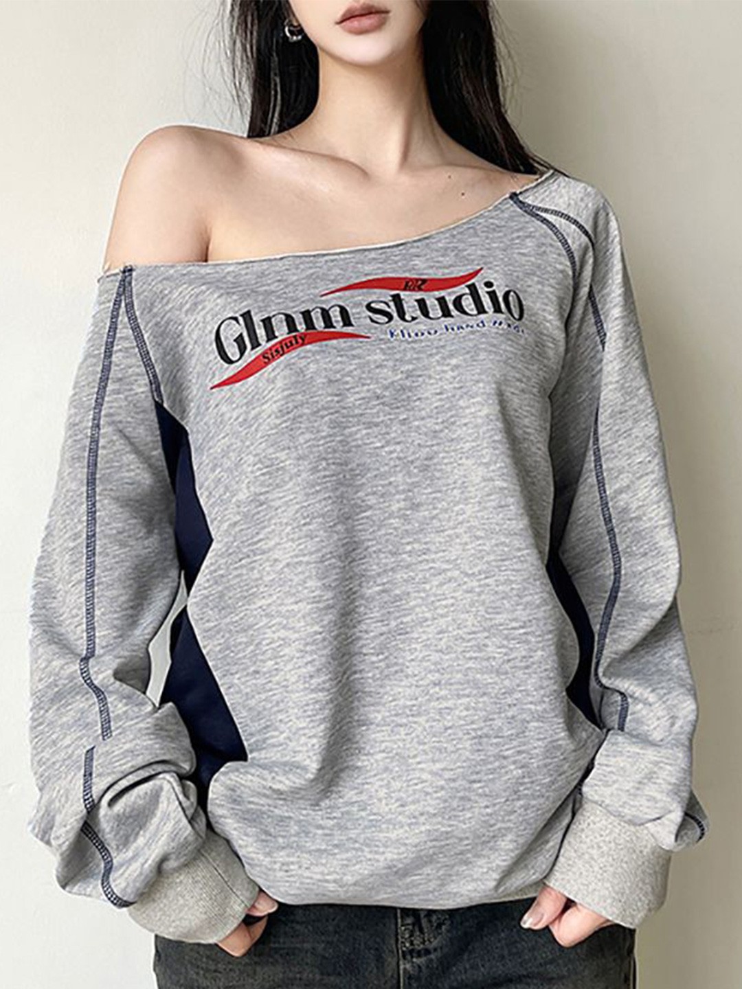 

StyleCast x Revolte Women Typography Printed Off-Shoulder Top, Grey