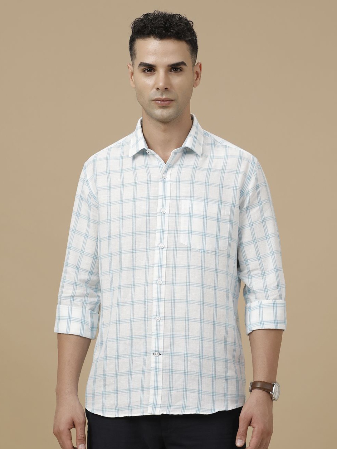 

Linen Club Contemporary Slim Fit Checked Pure Linen Casual Shirt, Blue
