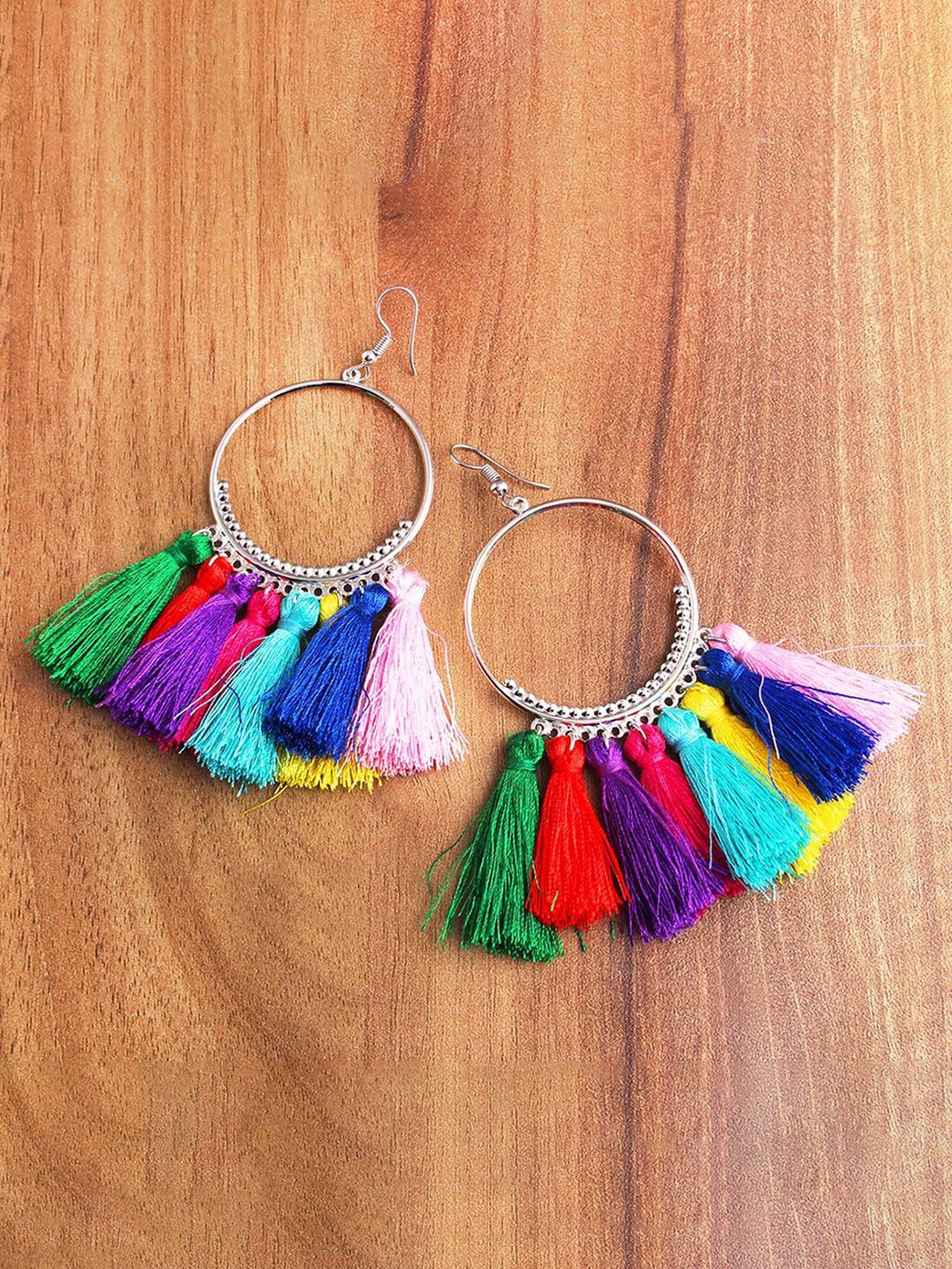 

ZIVOM Silver-Plated Circular Shaped Rainbow Silky Hanging Tasselled Drop Earrings