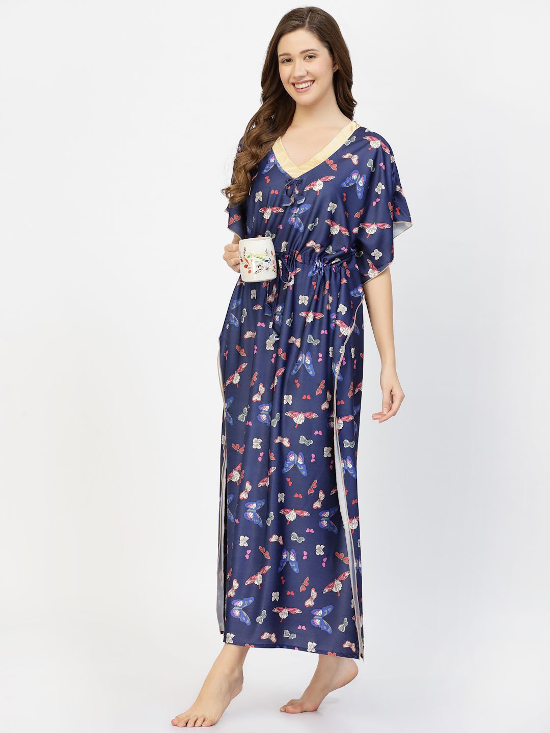 

CHUI MUI Women Printed V-neck Kaftan Maxi Nightdress, Blue