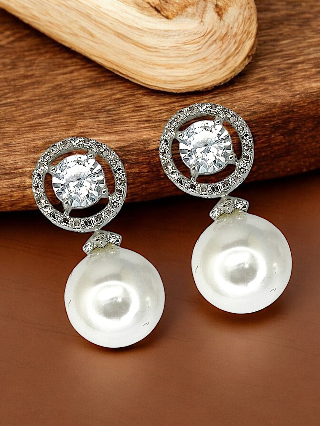 

FEMMIBELLA Silver-Plated Circular Moonstone and Pearls Beaded Drop Earrings