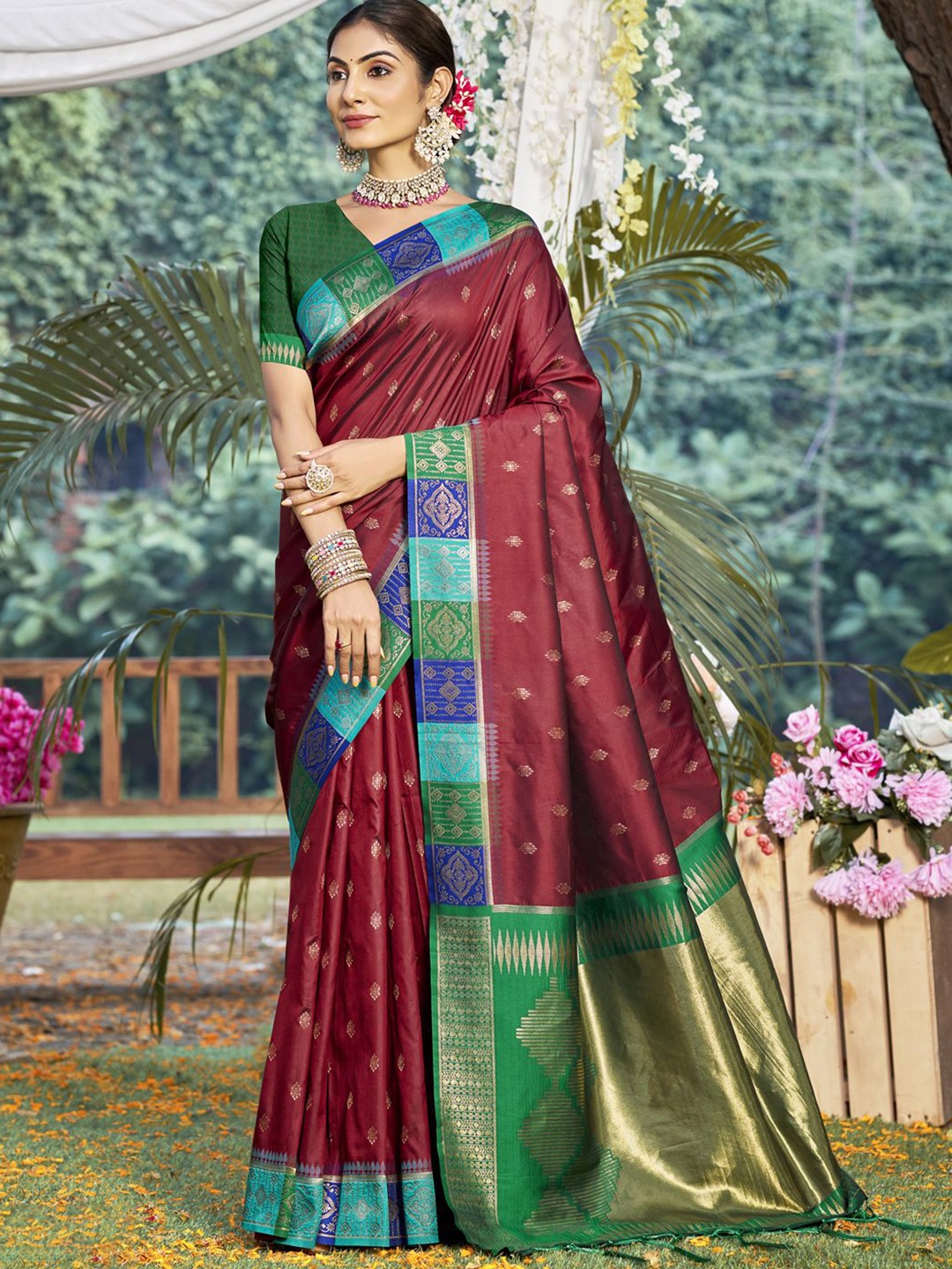 

SANGAM PRINTS Women Woven Design Zari Tussar Saree, Maroon