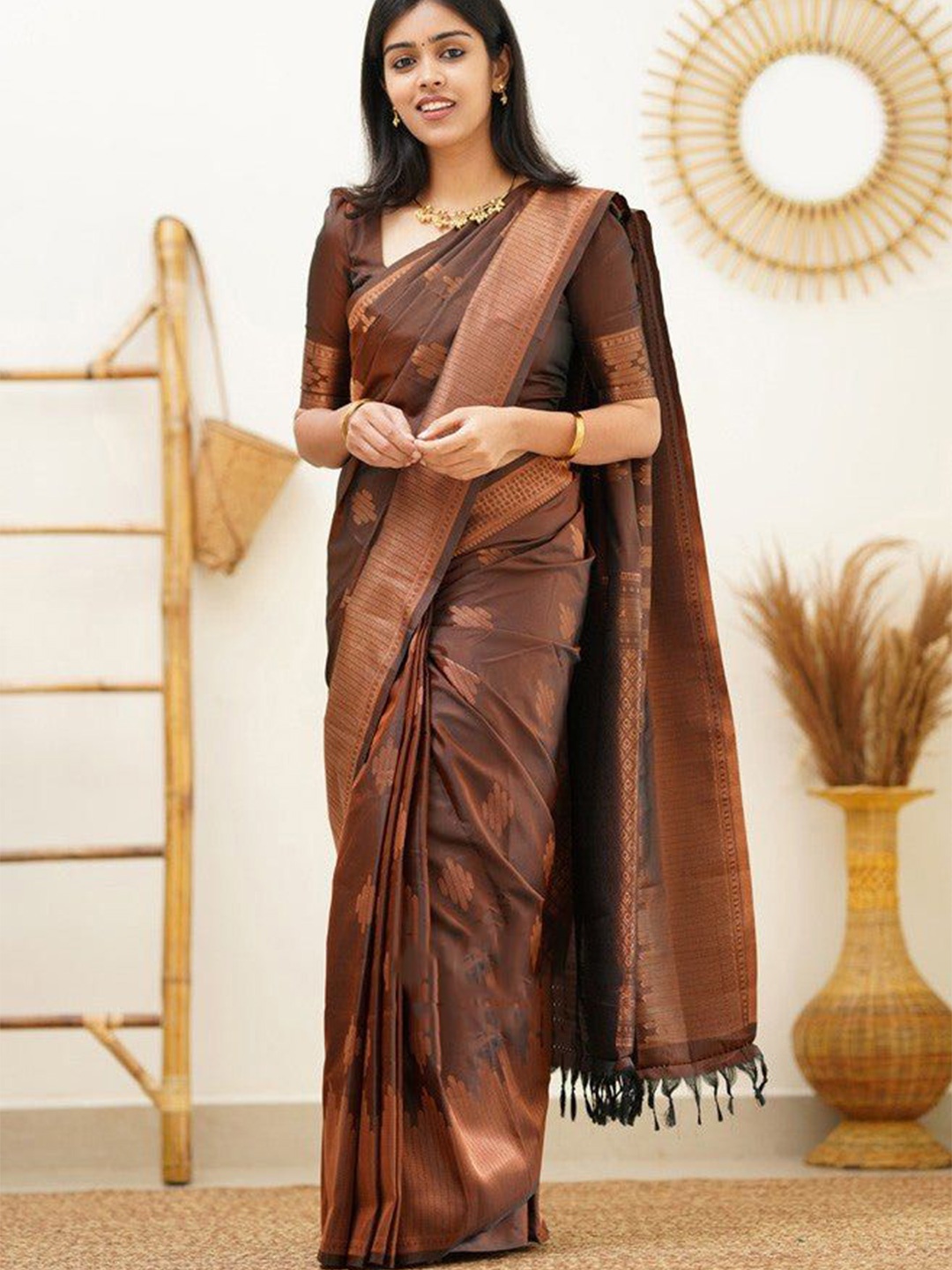 

Areca Designer Pure Silk Woven Design Banarasi Saree, Brown