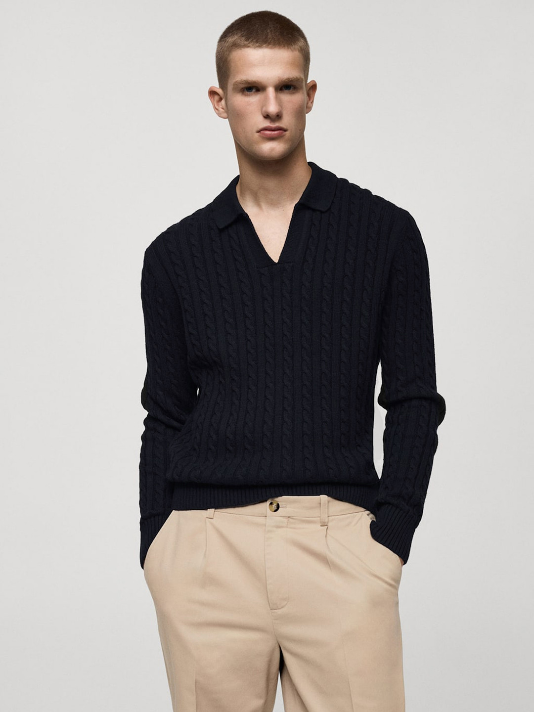 

MANGO MAN Shirt Collar Cable Knit Pullover Sweater, Black