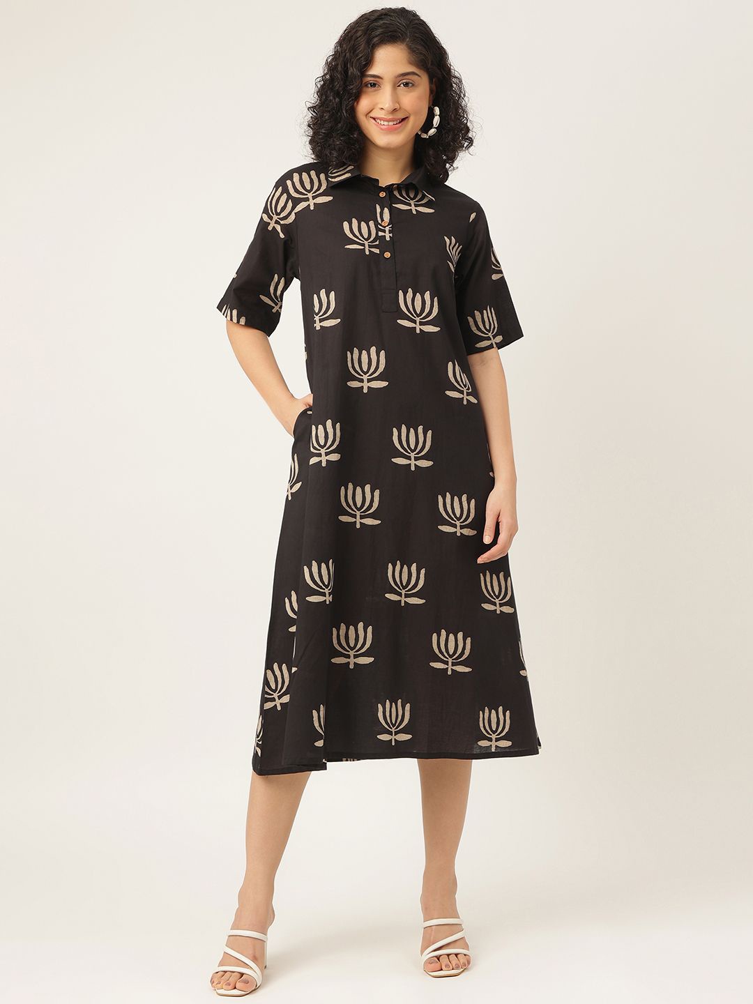 

SPARSA Print A-Line Midi Dress, Black