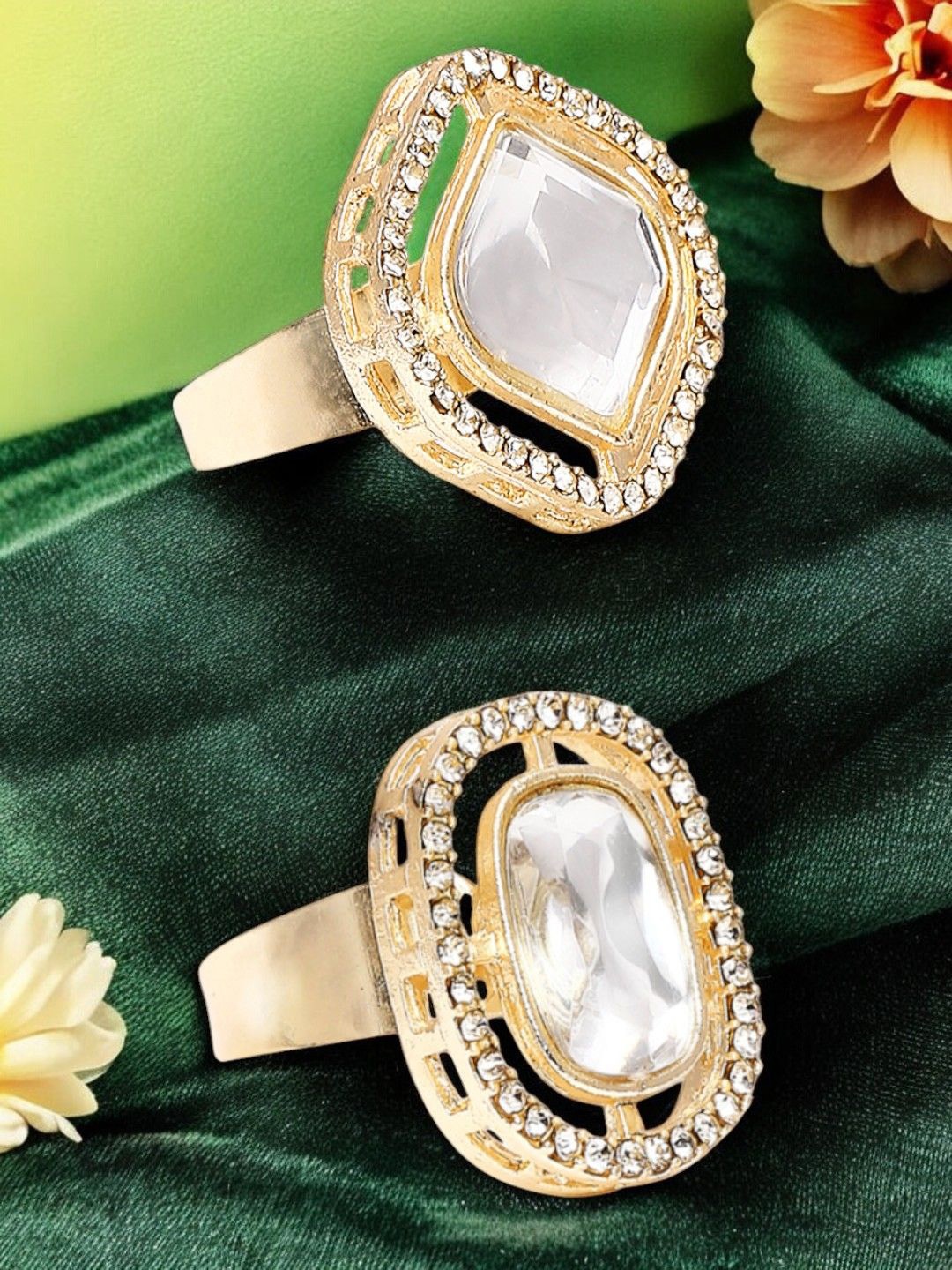

OOMPH Set Of 2 Kundan Stone Studded Jadau Design Adjustable Finger Rings, Gold