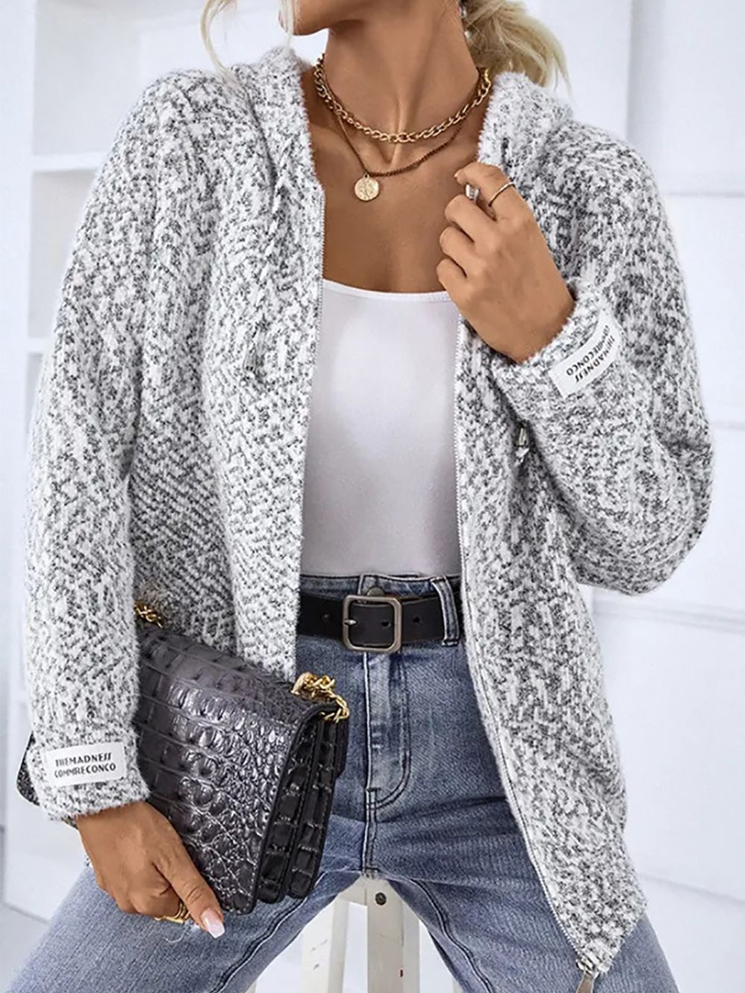 

StyleCast x Revolte Grey & White Self Design Open Front Shrug