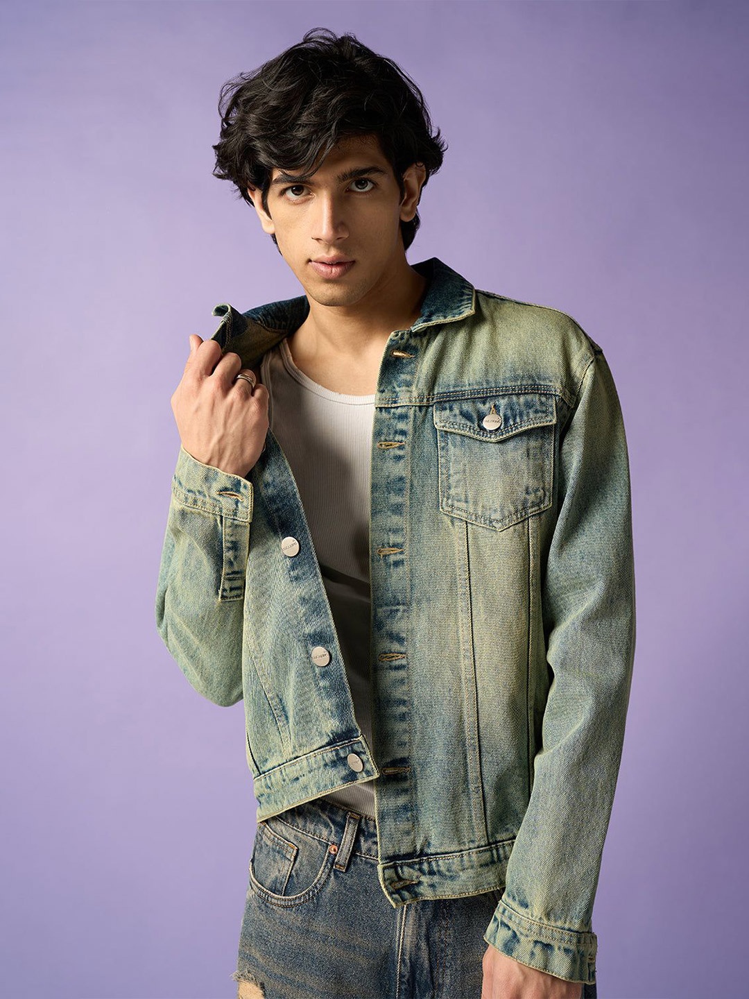 

FREAKINS Men Washed Denim Jacket with Patchwork, Blue