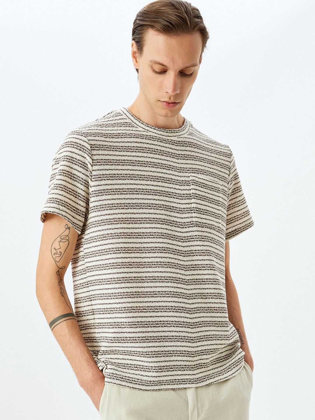 

Koton Men Self Design Round Neck Cotton T-shirt, Off white