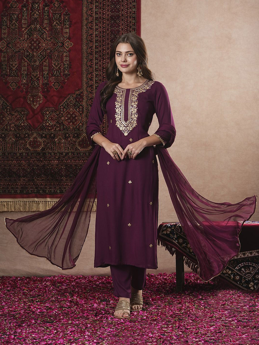 

Anni Designer Floral Embroidered Regular Sequinned Kurta With Trouser With Dupatta, Purple