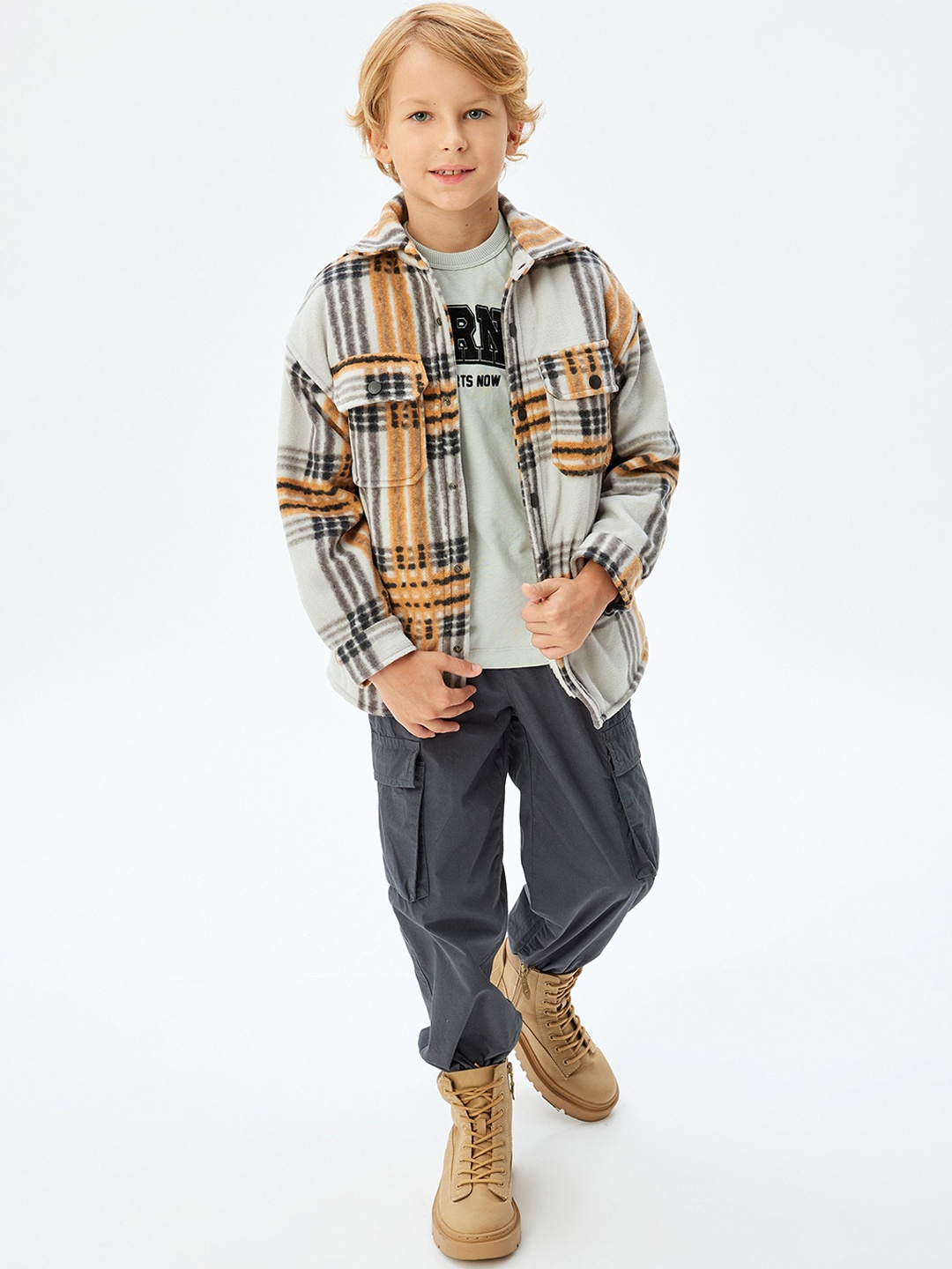 

Koton Boys Checked Crop Bomber Jacket, Beige