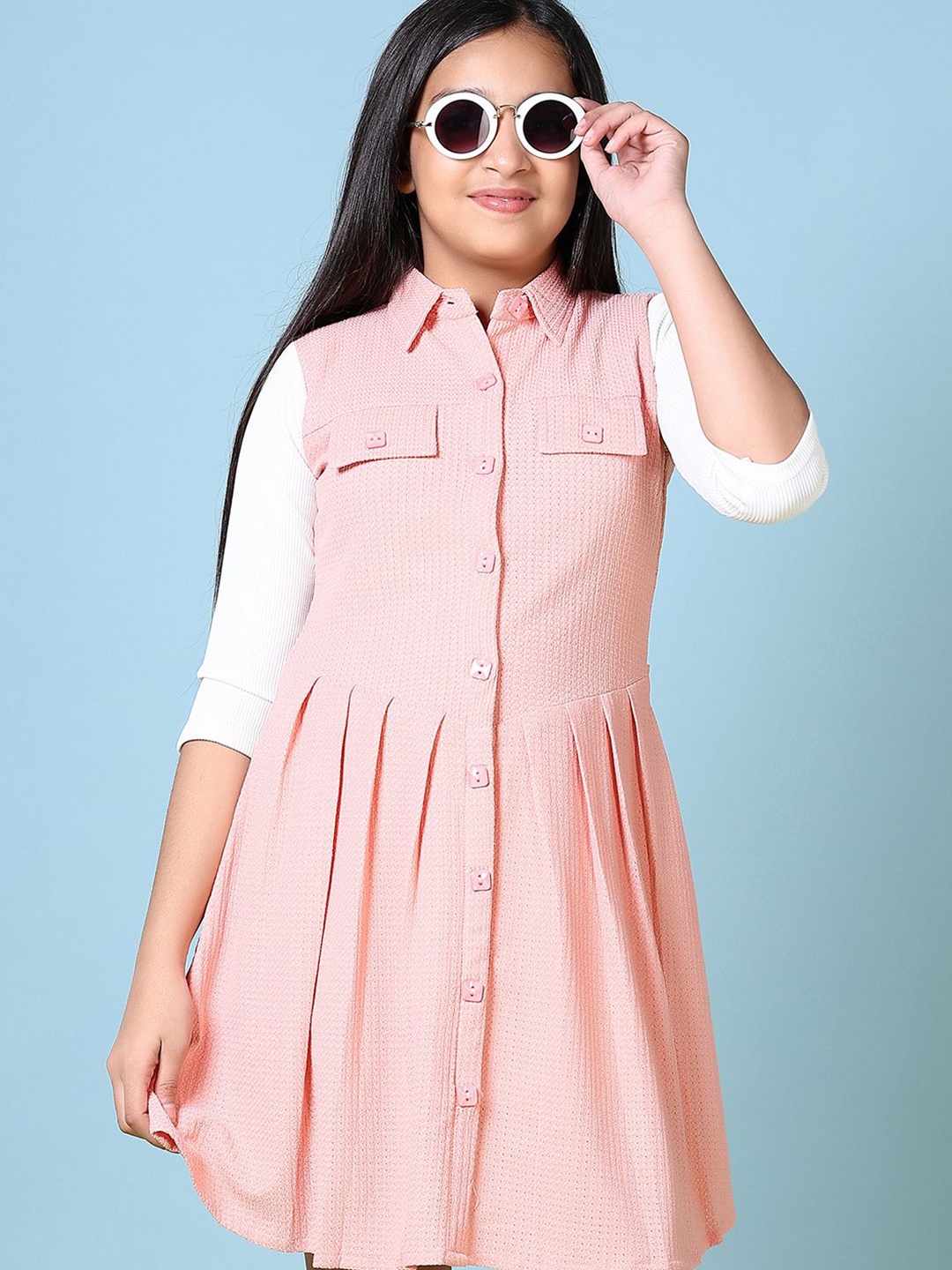 

V-Mart Girls Cotton Shirt Collar Flared Shirt Dress, Peach