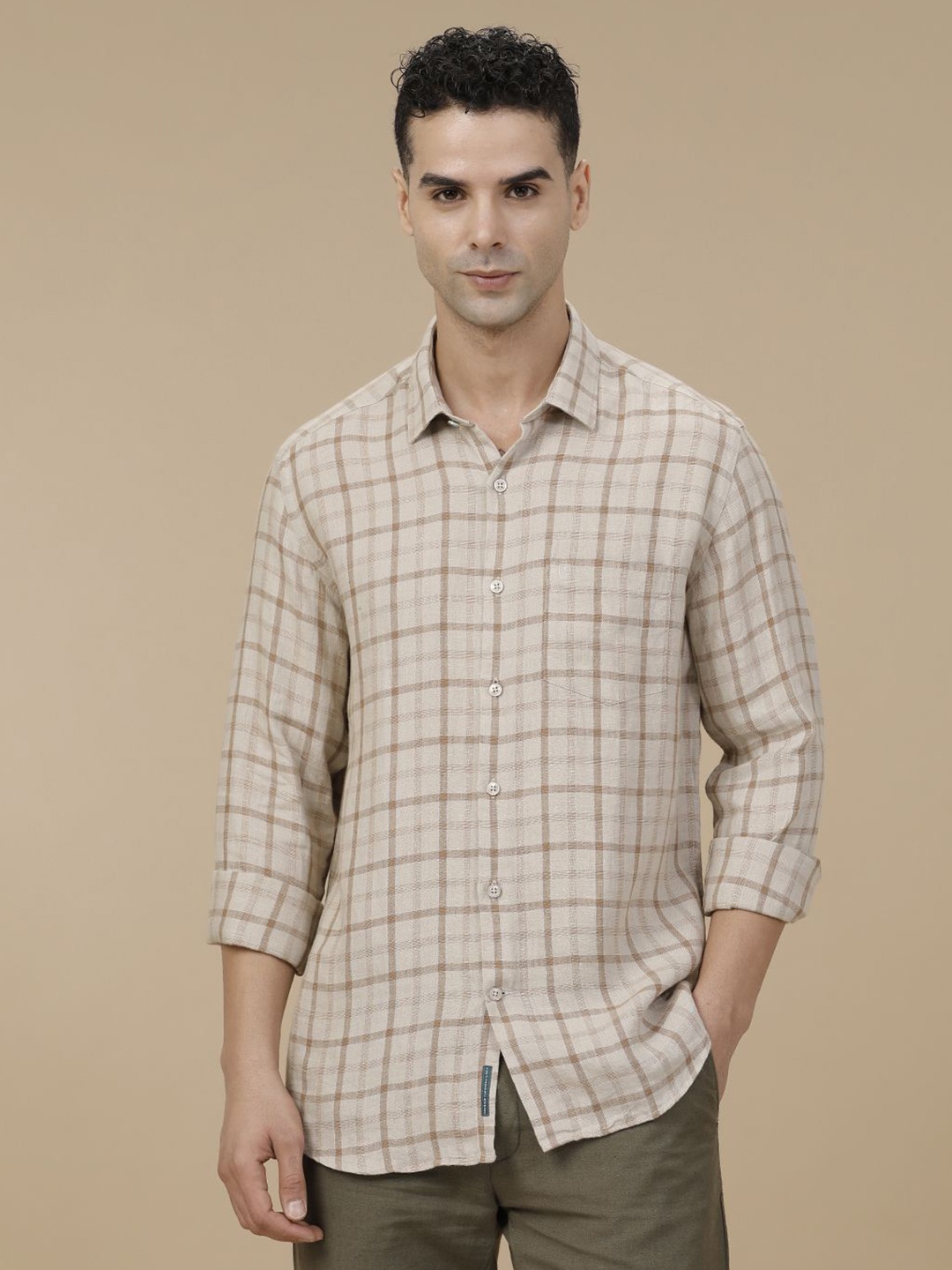 

Linen Club Contemporary Slim Fit Checked Pure Linen Casual Shirt, Brown