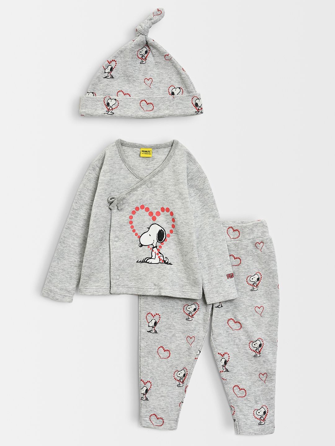 

MiArcus Infants Kids Peanuts Printed Cotton Top With Pyjamas And Cap, Grey
