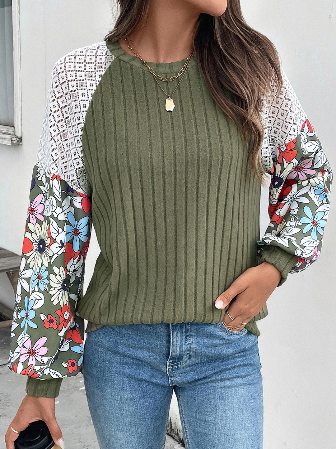 

StyleCast x Revolte Women Colourblocked Sweatshirt With Lace Work, Green
