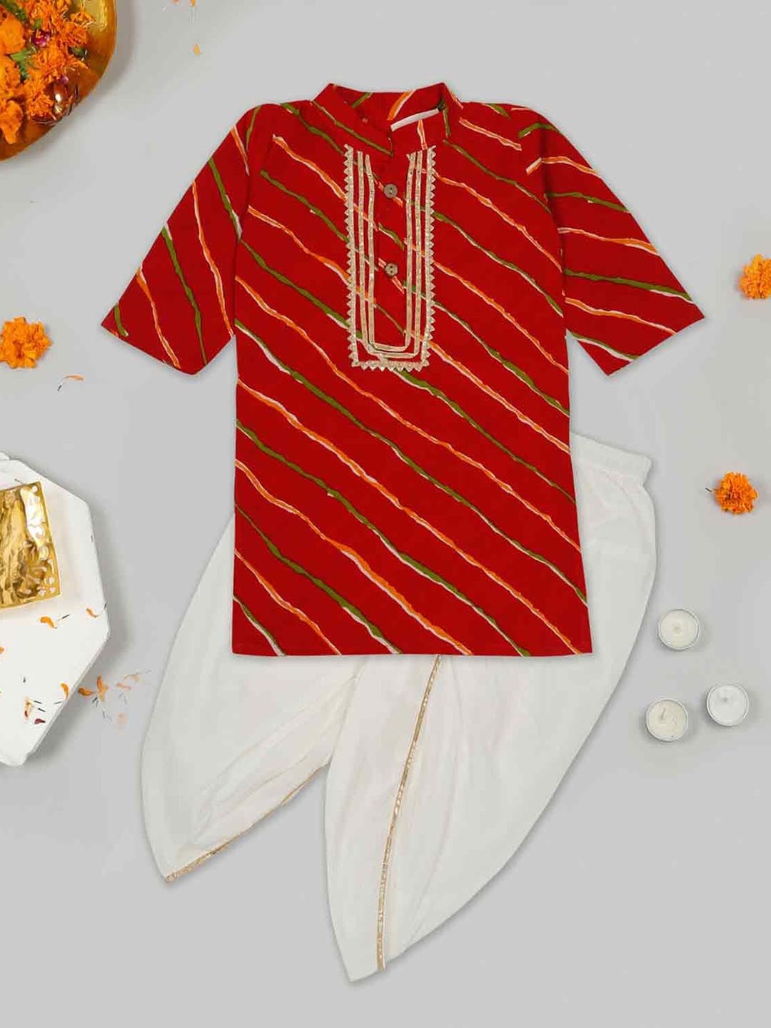 

LITTLE GINNIE Boys Mandarin Collar Leheriya Printed Straight Kurta with Dhoti Pant, Red