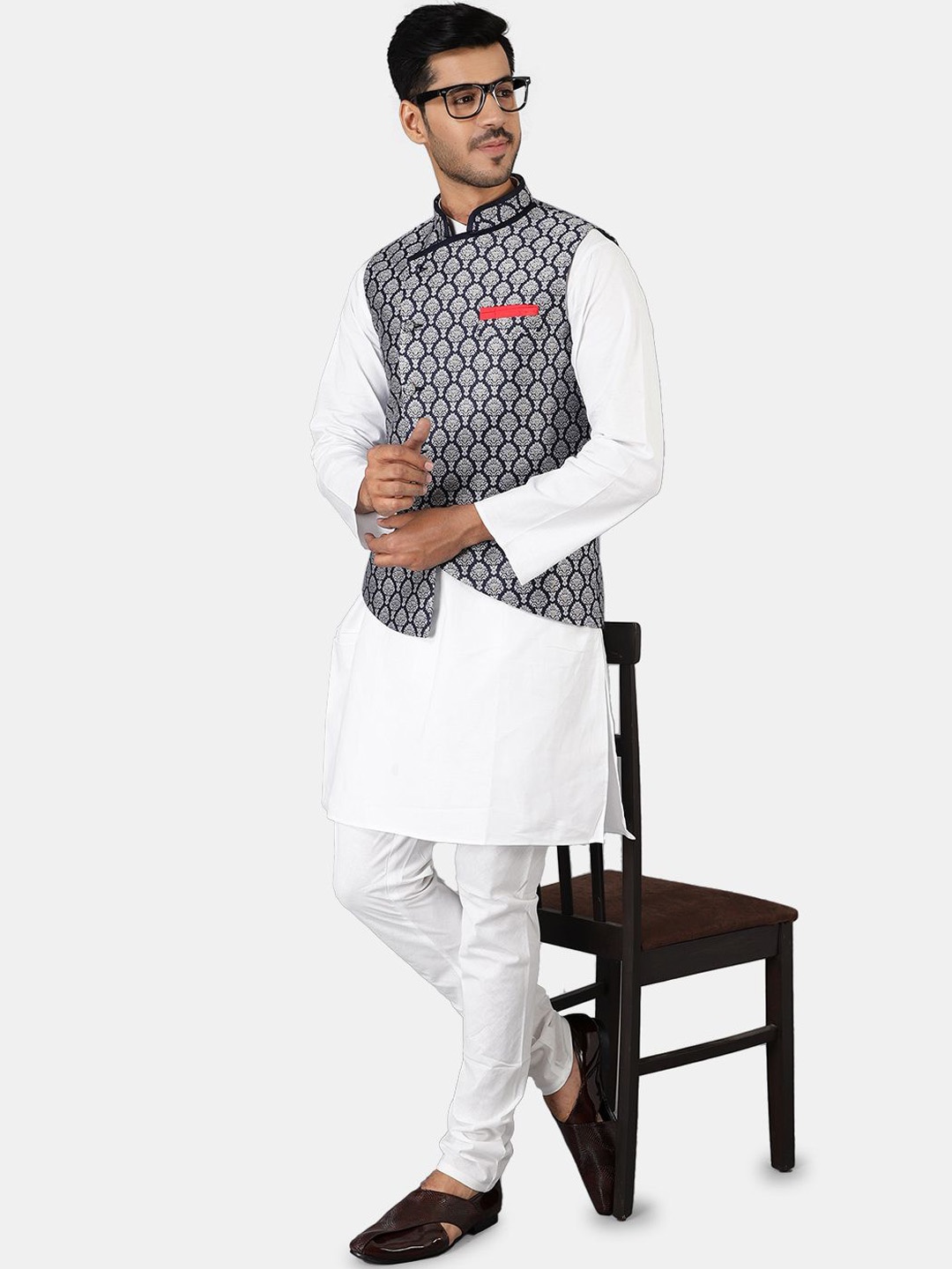 

Wintage Mandarin Collar White Romance Straight Kurta with Pyjamas & Nehru Jacket