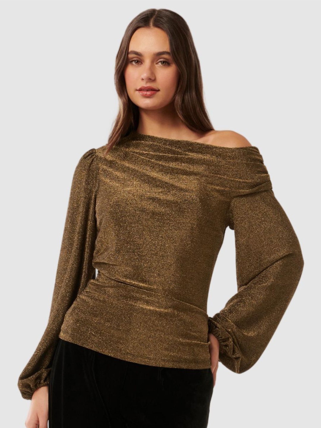 

Forever New Women Print One Shoulder Bishop Sleeves Top, Bronze