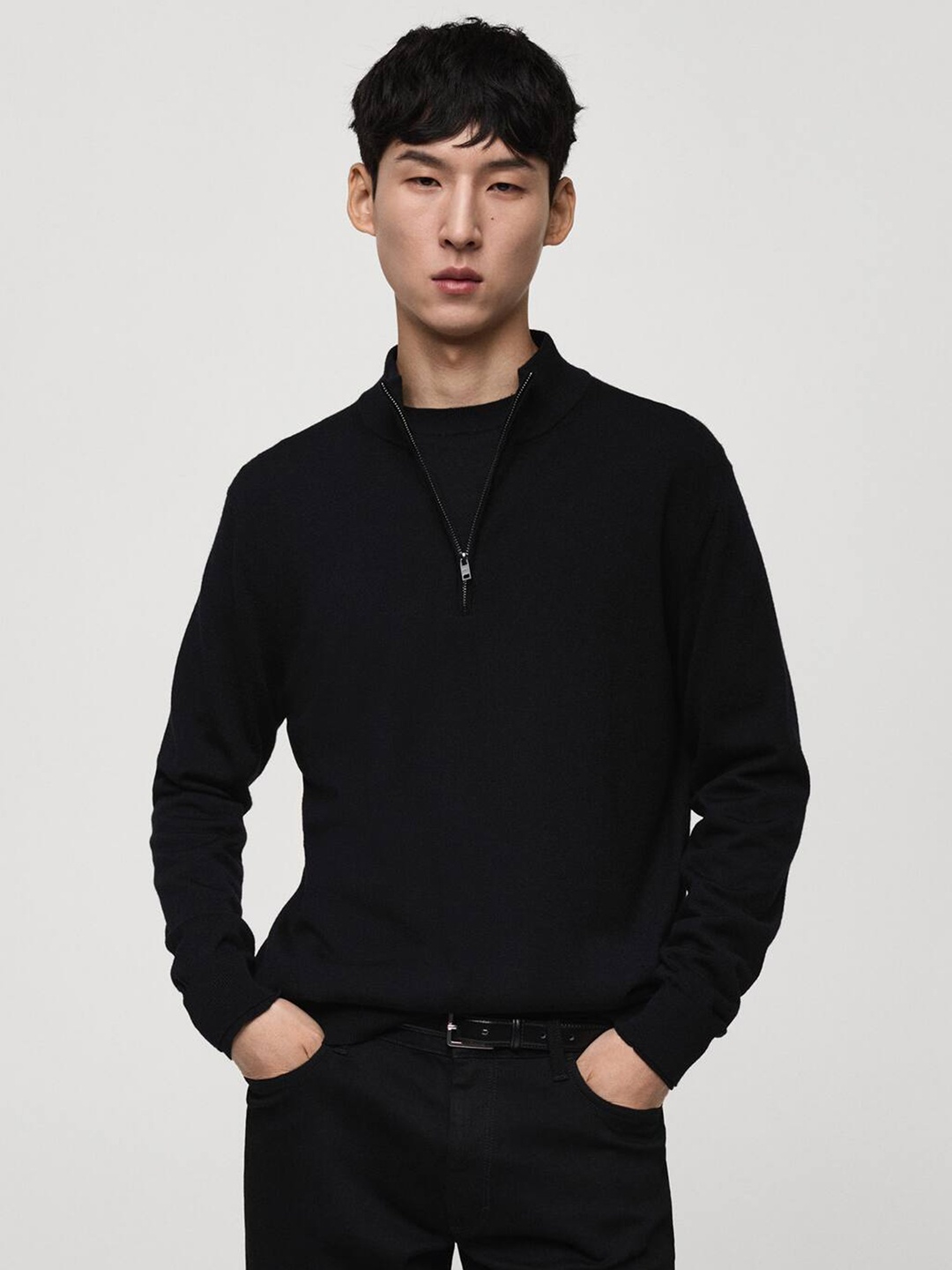 

MANGO MAN Pure Wool Mock Collar Pullover Sweater, Black