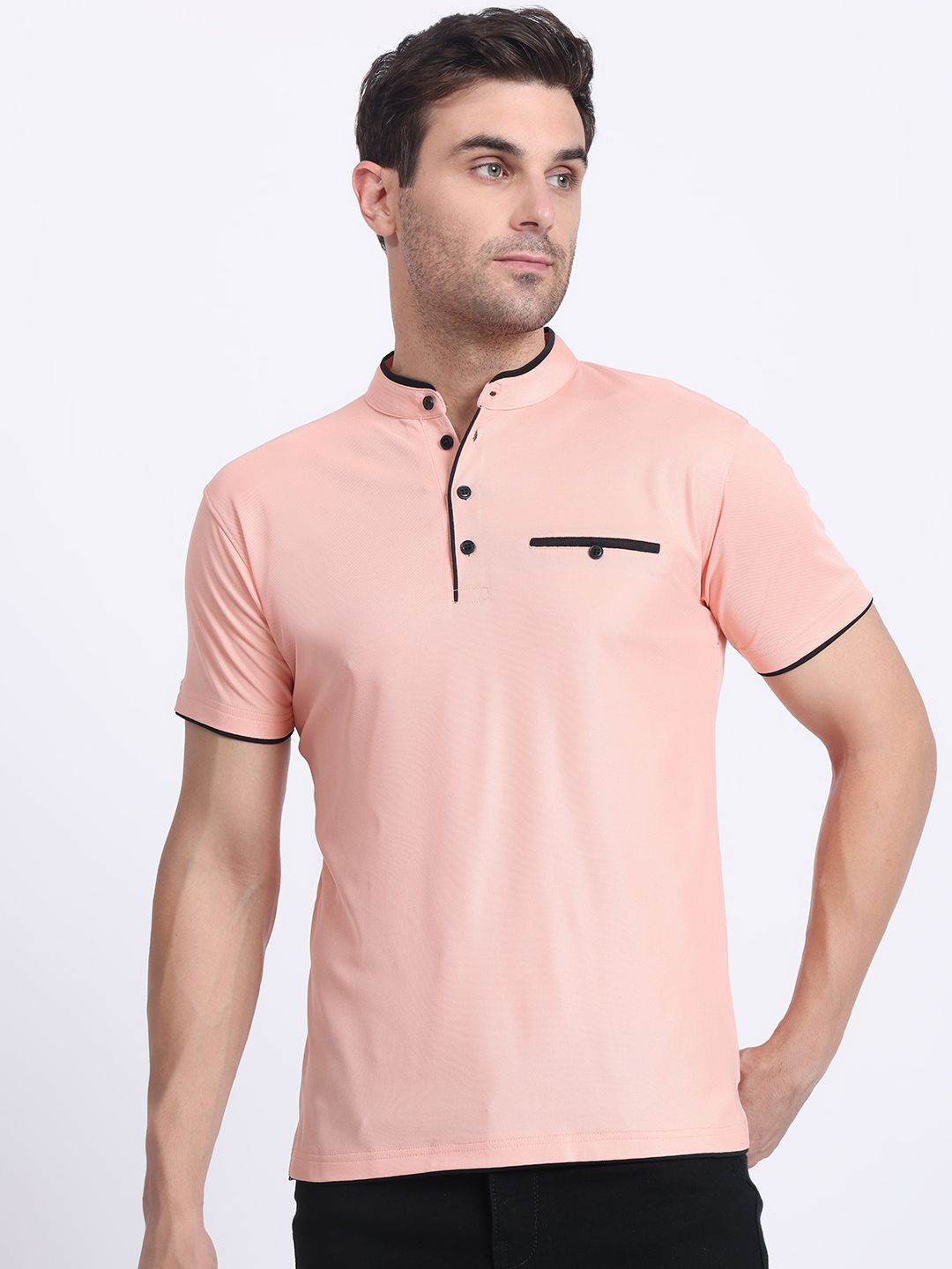 

N AND J Men Solid Mandarin Collar Polo T-shirt, Peach