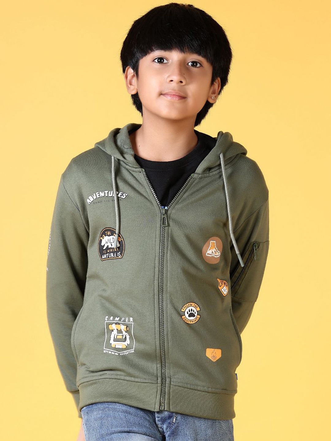 

V-Mart Boys Printed Hooded Sweatshirt, Olive