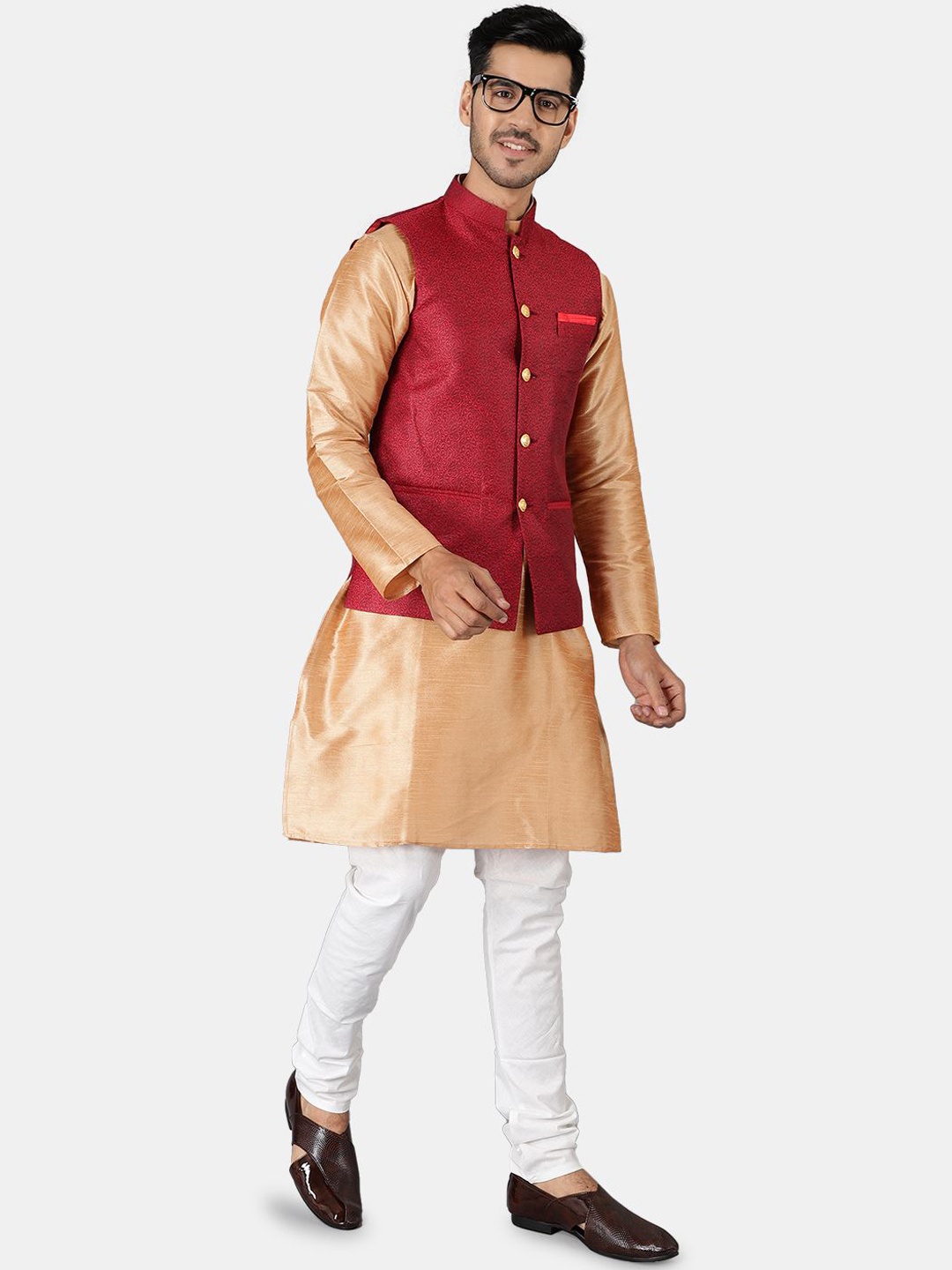 

Wintage Mandarin Collar Long Sleeves Straight Kurta with Pyjamas & Nehru Jacket, Gold