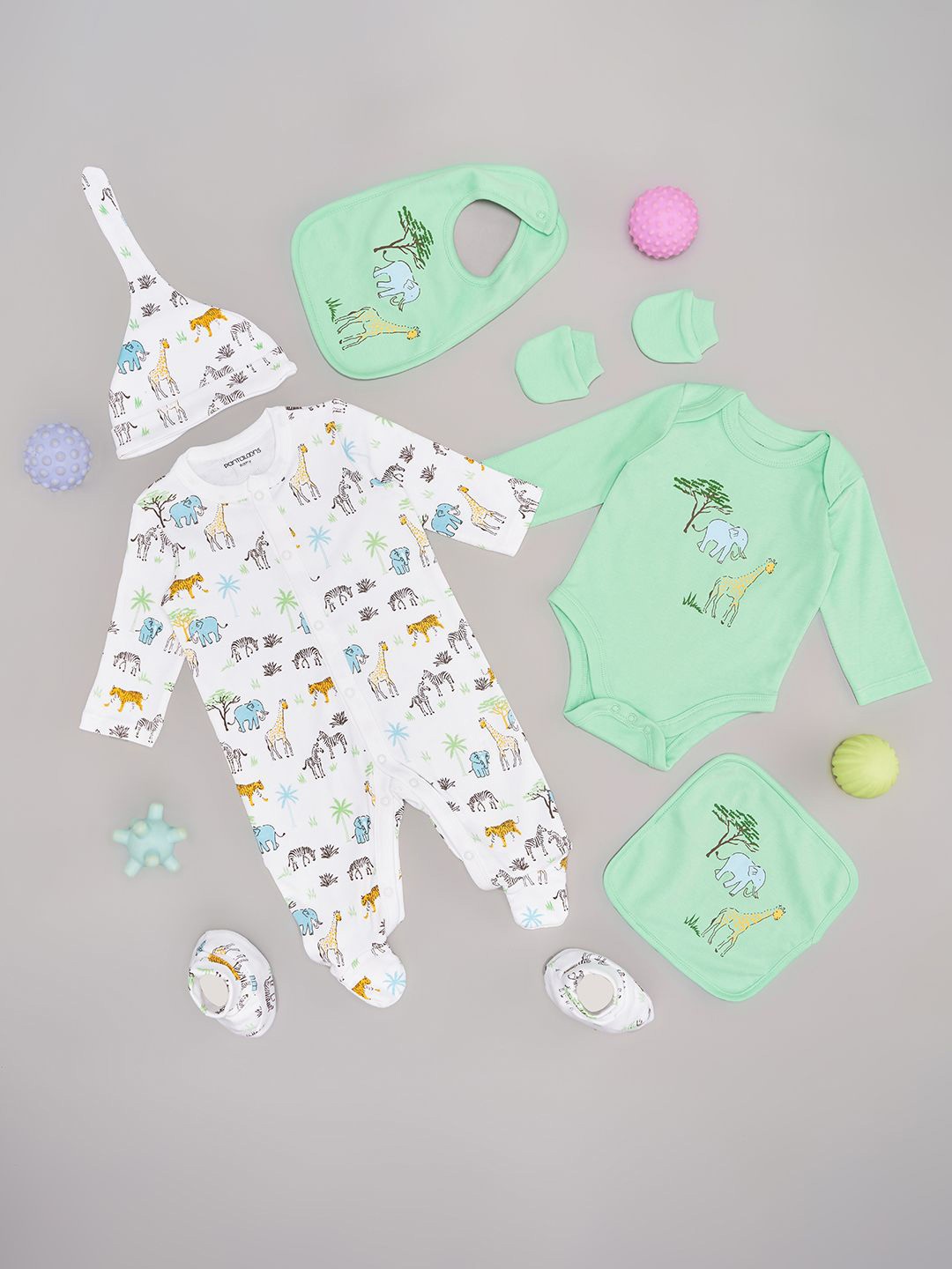 

Pantaloons Baby Infant Boys Printed Pure Cotton 7-Pcs Baby Apparel Gift Set, Green