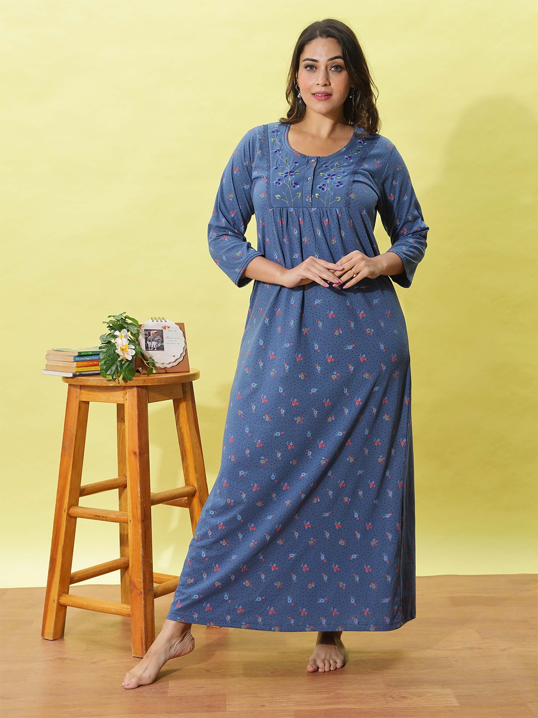 

9shines Label Women Printed Maxi Nightdress, Blue
