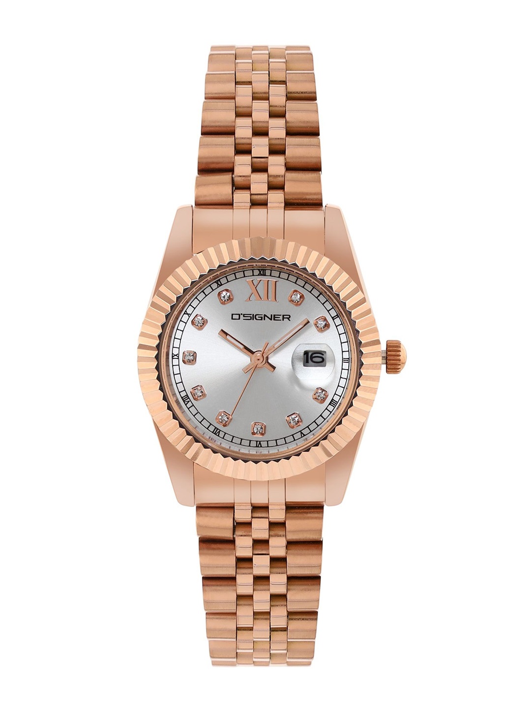 

Dsigner Women Brass Embellished Dial & Bracelet Style Straps Analogue Watch 521RGM.2L, Silver