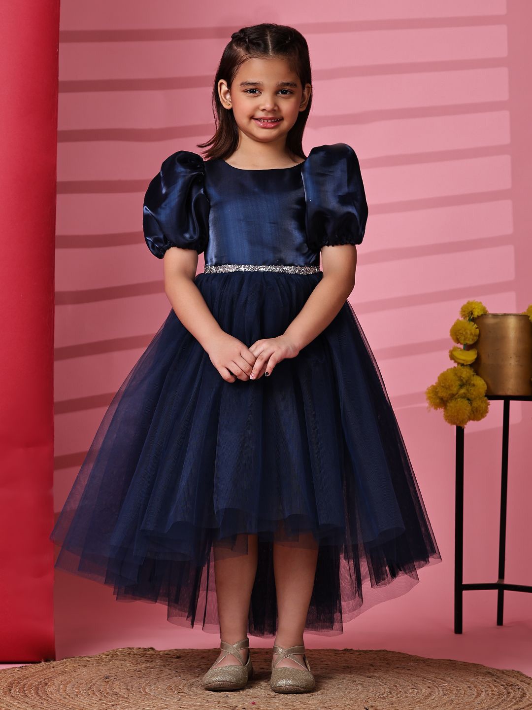 

Toy Balloon kids Girls Embellished Net Fit & Flare Dress, Navy blue