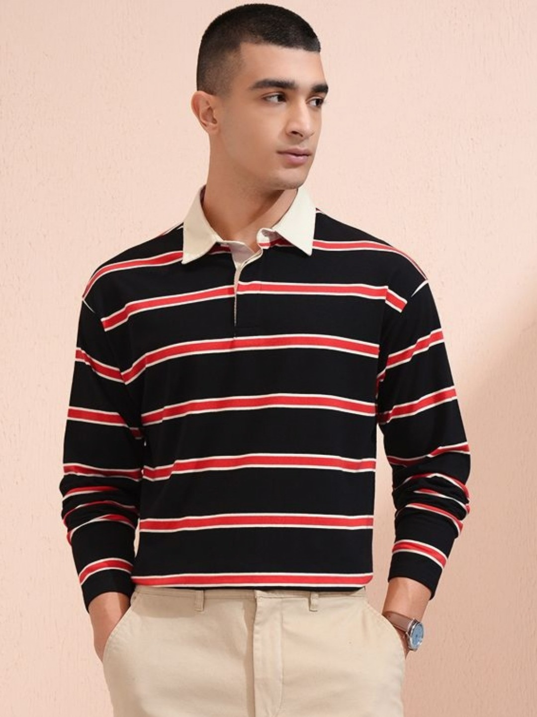 

HIGHLANDER Men Striped Polo Collar Drop-Shoulder Sleeves T-shirt, Black