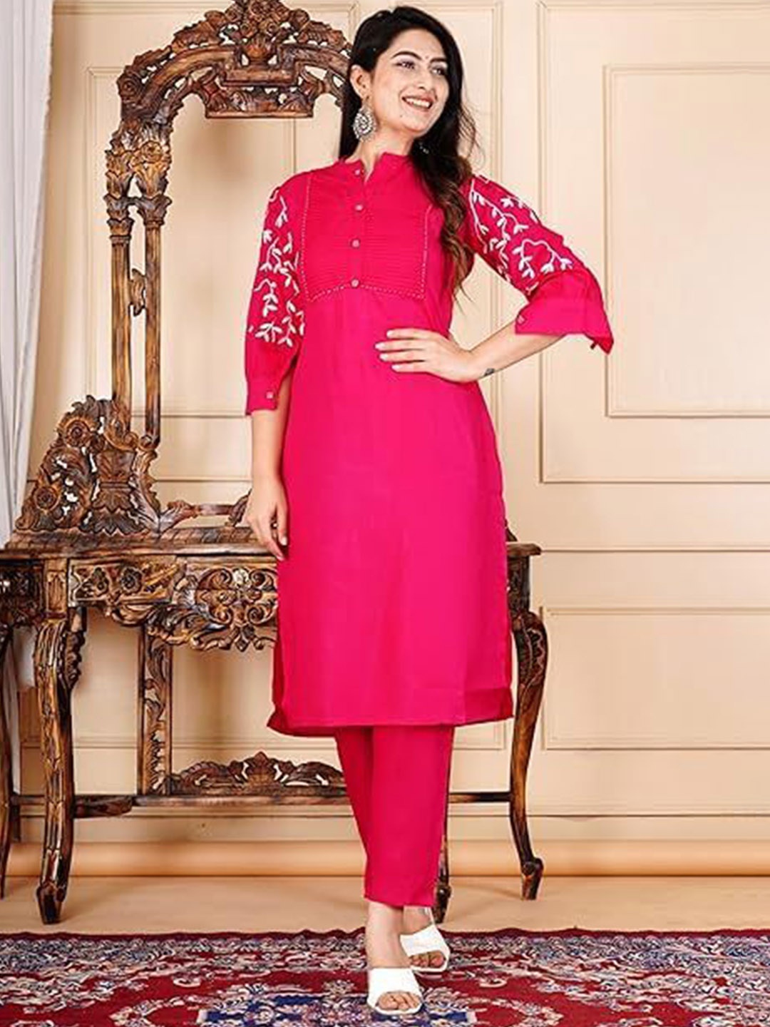 

KALINI Embroidered Straight Kurta & Trousers, Pink