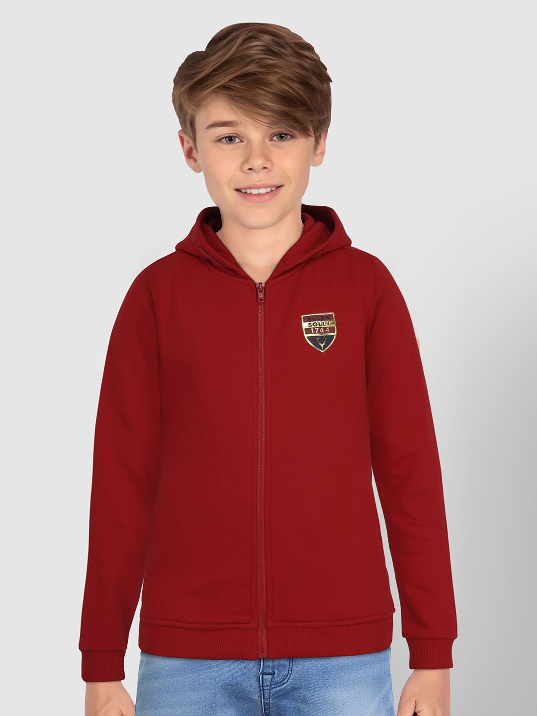 

Allen Solly Junior Boys Printed Hooded Front-Open Sweatshirt, Red