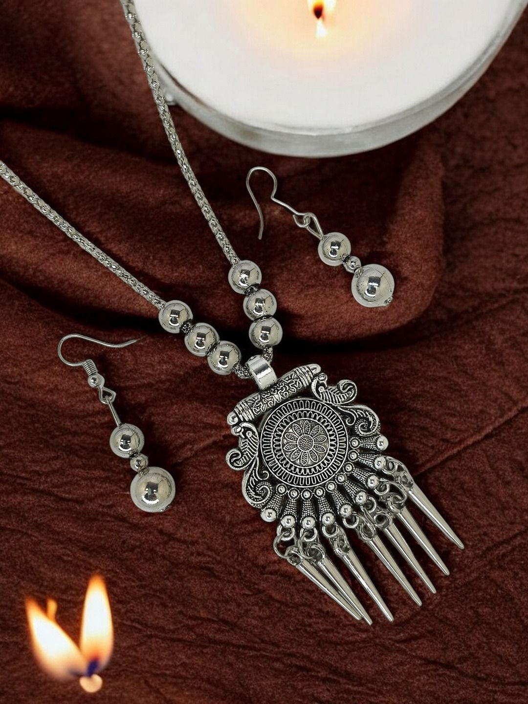 

FEMMIBELLA Silver-Plated Oxidised Peacock Design Jewellery Set