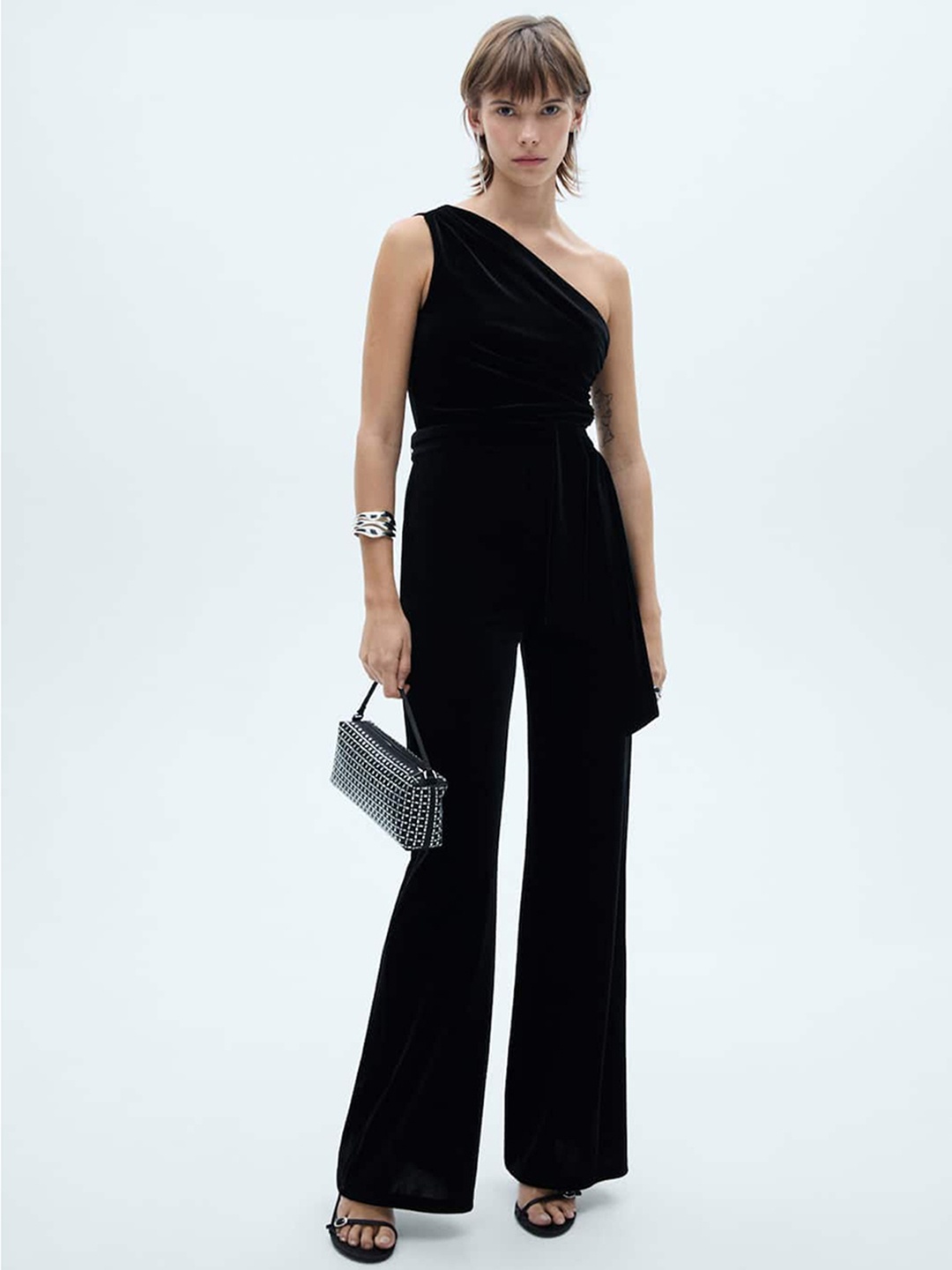 

MANGO One Shoulder Basic Jumpsuit, Black
