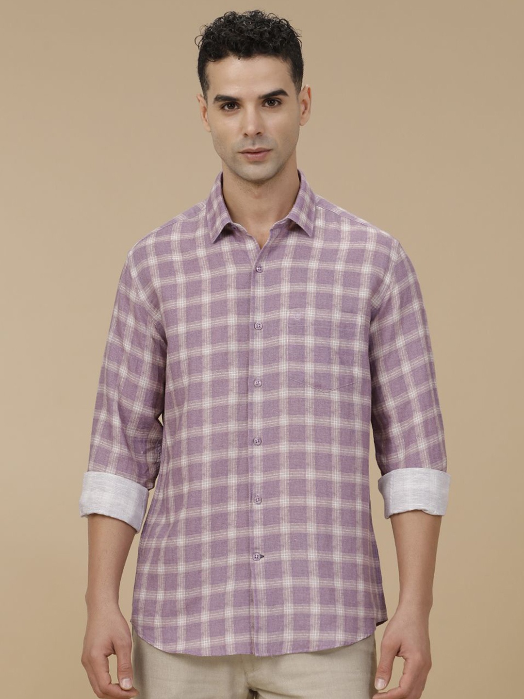 

Linen Club Contemporary Slim Fit Checked Linen Cotton Casual Shirt, Purple