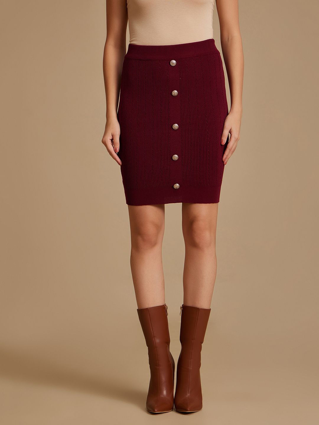 

Kazo Women Straight Mini Skirt With Button Details, Maroon