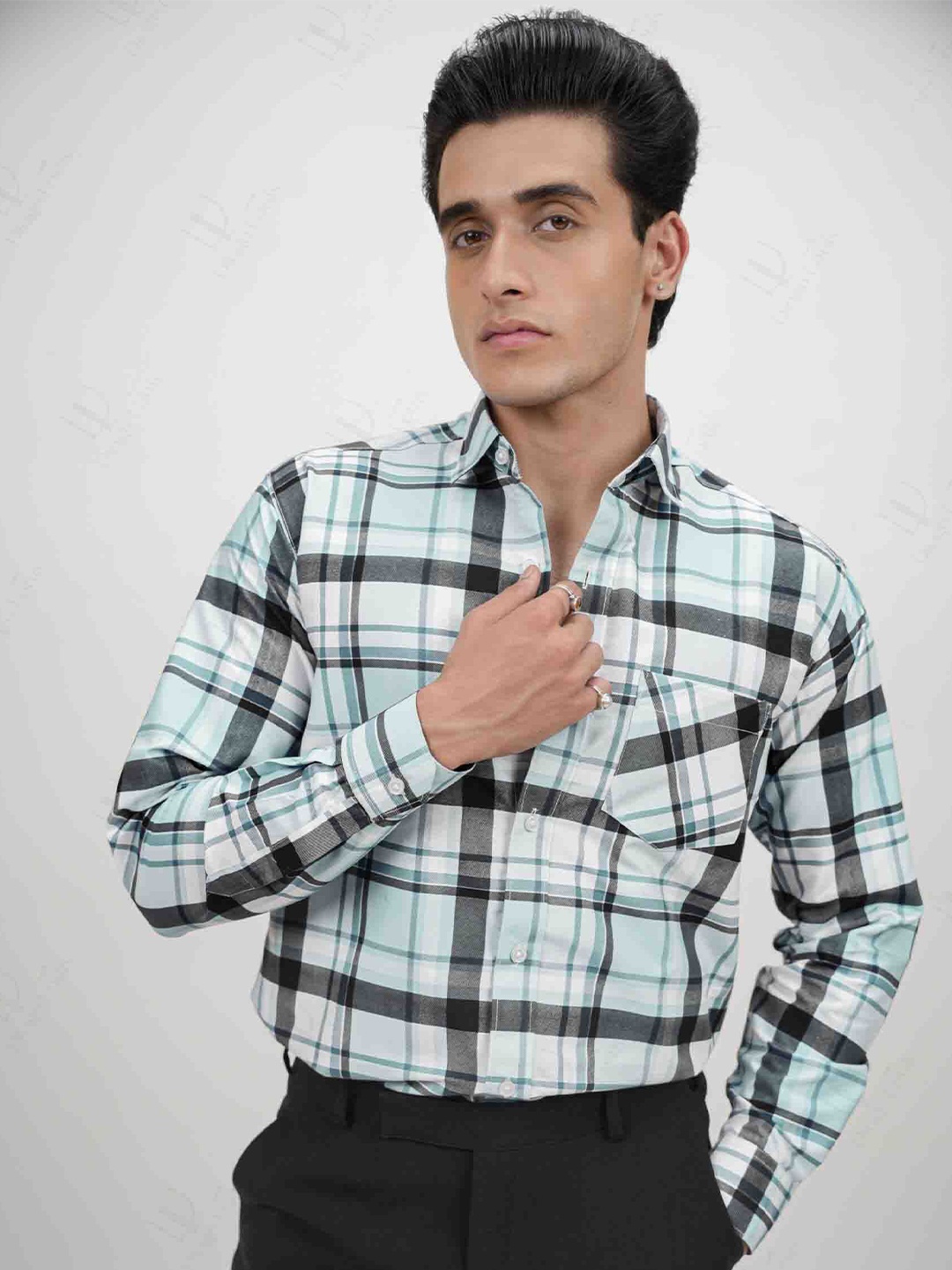 

DIOGO LOUIS Men Strip Checked Cotton Blend Formal Shirt, Blue