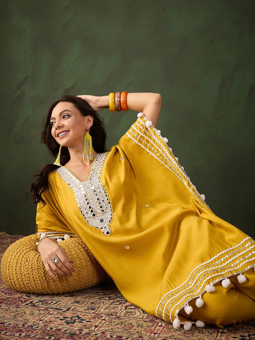 

Sangria Yellow Geometric Embroidered Mirror Work Roman Silk Kurta With Trouser