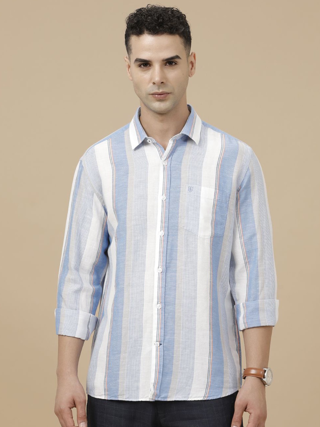 

Linen Club Contemporary Slim Fit Vertical Striped Linen Cotton Casual Shirt, Blue